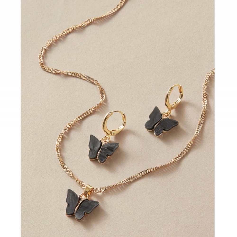 Butterfly Earrings & Necklace Set, Black & Gold - Picture 2 of 3